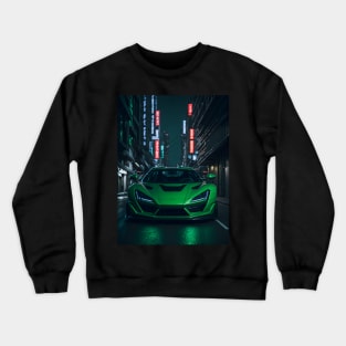 Dark Green Sports Car in Japanese Neon City Crewneck Sweatshirt